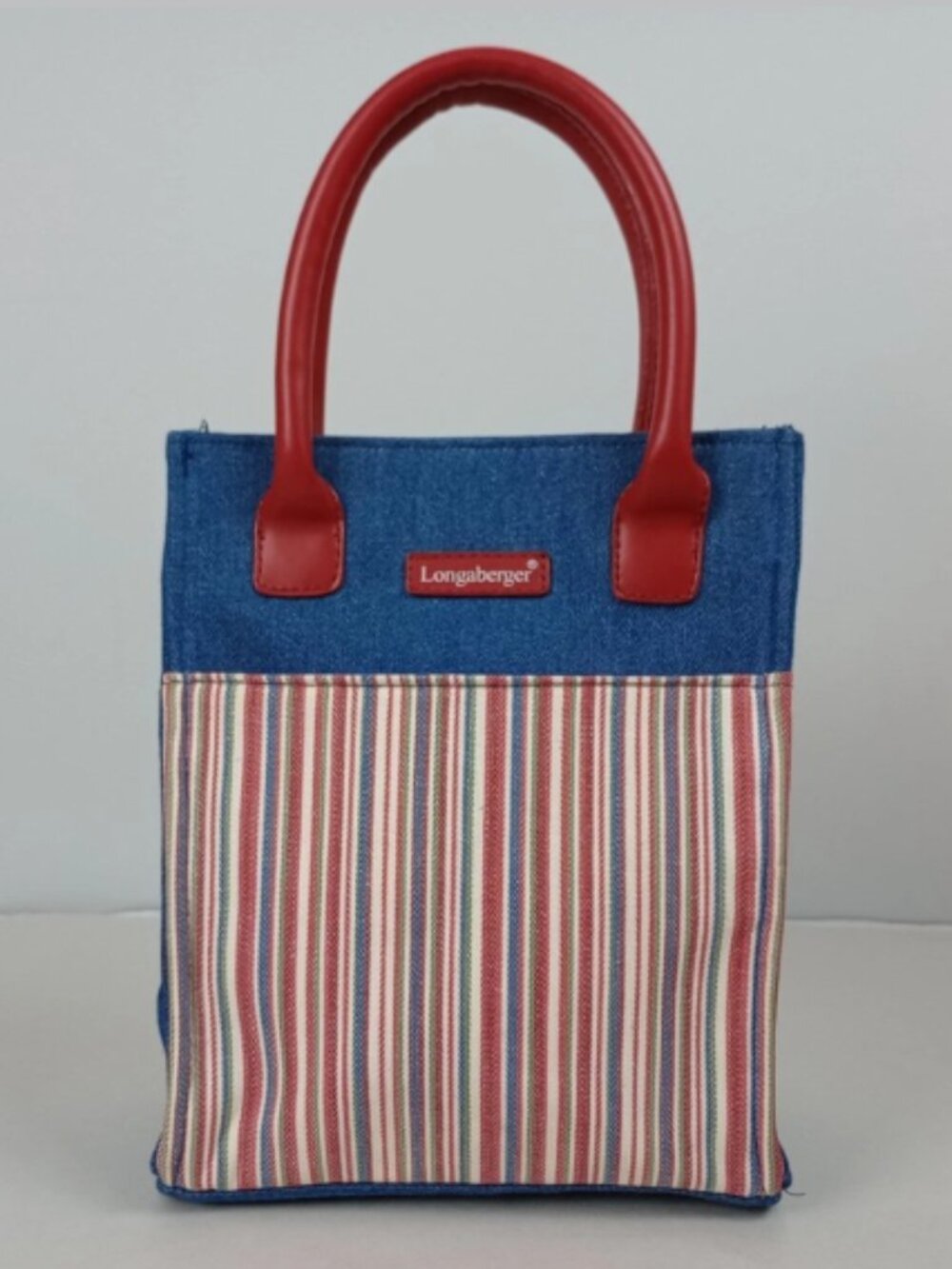 Longaberger Homestead‎ Blue Red Striped Denim Leather Handle Handbag Purse